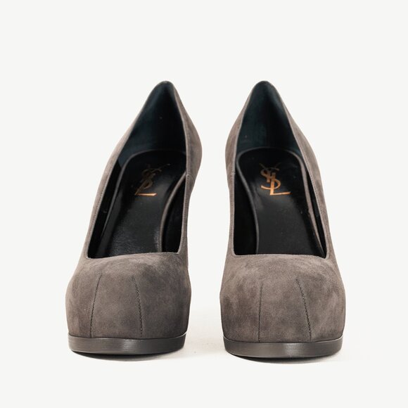 Saint Laurent Tribute Earth Grey Suede Platform Pumps - Picture 2 of 11